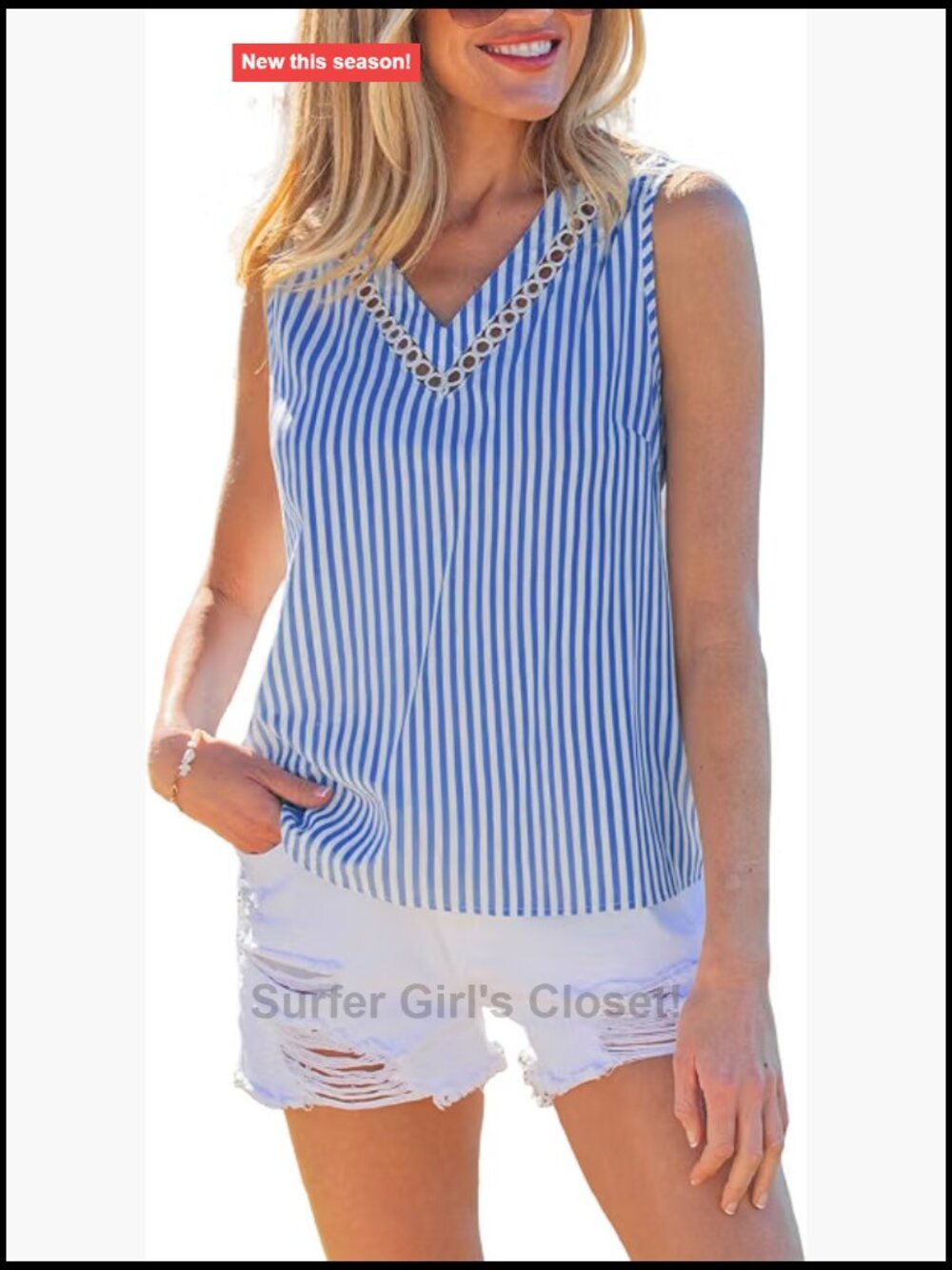 Striped V-Neck Sleeveless Tank Top with Eyelet Trim - Lightweight Summer